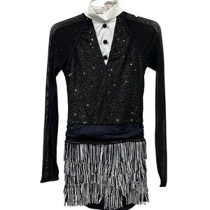 Weisman Black & White Sequin Tuxedo-Style Dance Costume Fringe Skirt Long Mesh S